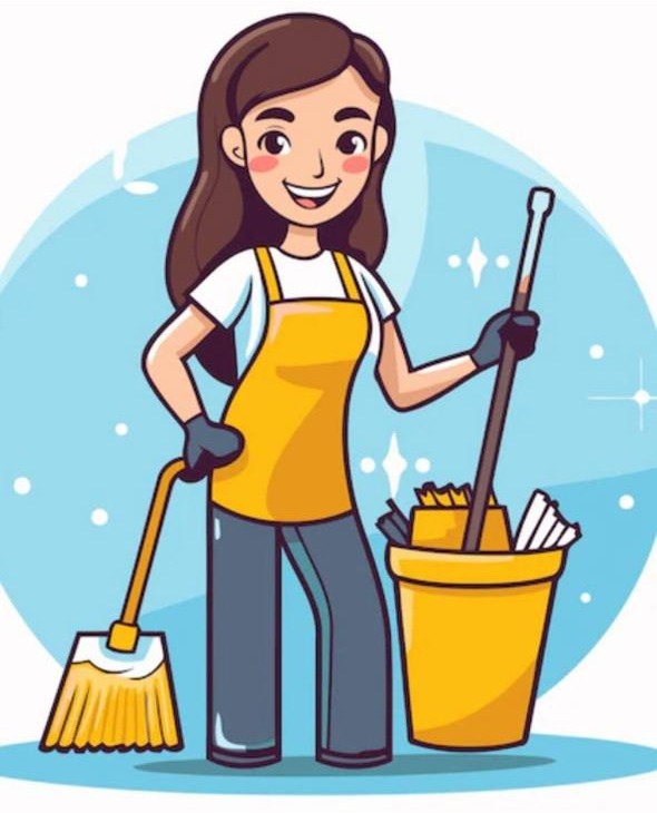 Rosa, the Squeaky Shiny Clean mascot, smiling with a broom and bucket